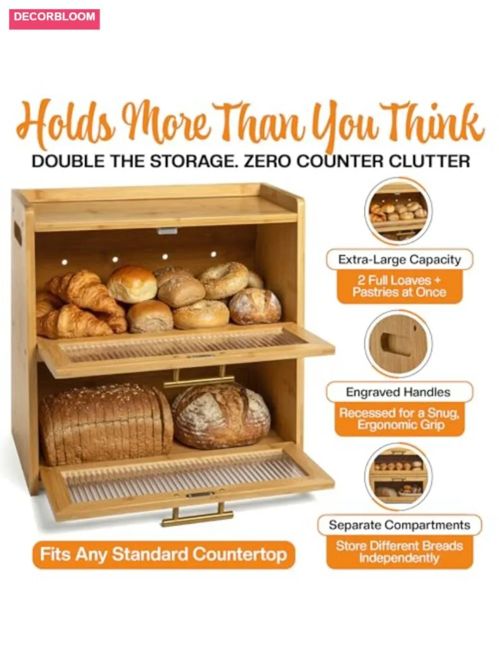 Extra Large Bamboo Bread Box Double Layer Wooden Storage with Acrylic Windows